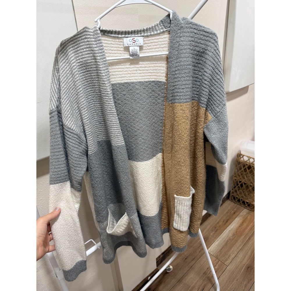Oso Casuals Colorblock Cardigan L Coastal Grandma Neutral Open Front Sweater